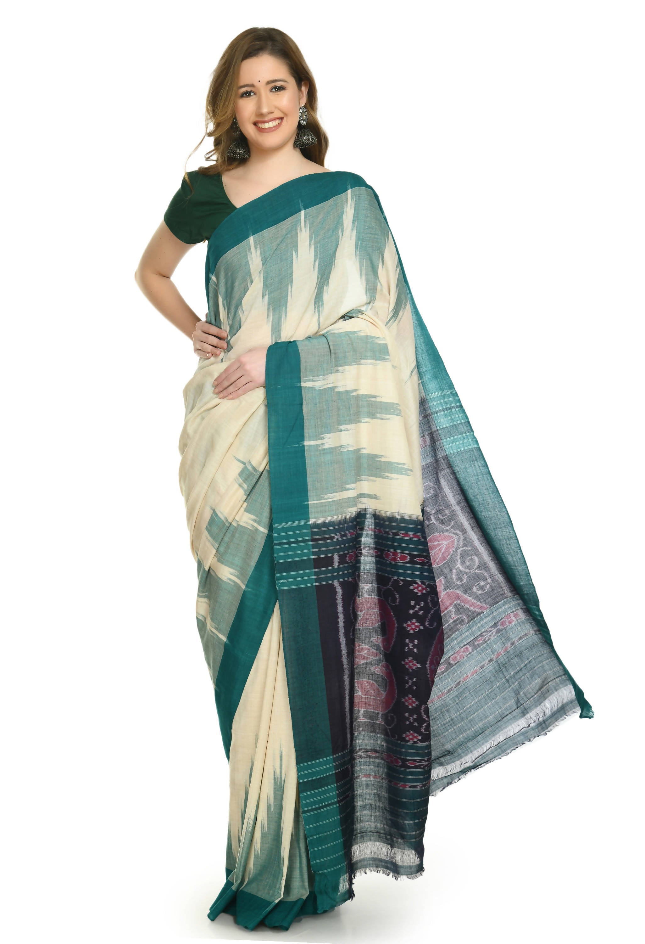 Vamika Sambalpuri Ikat Cotton Kargil Tsrite & Green Saree | Grocsy
