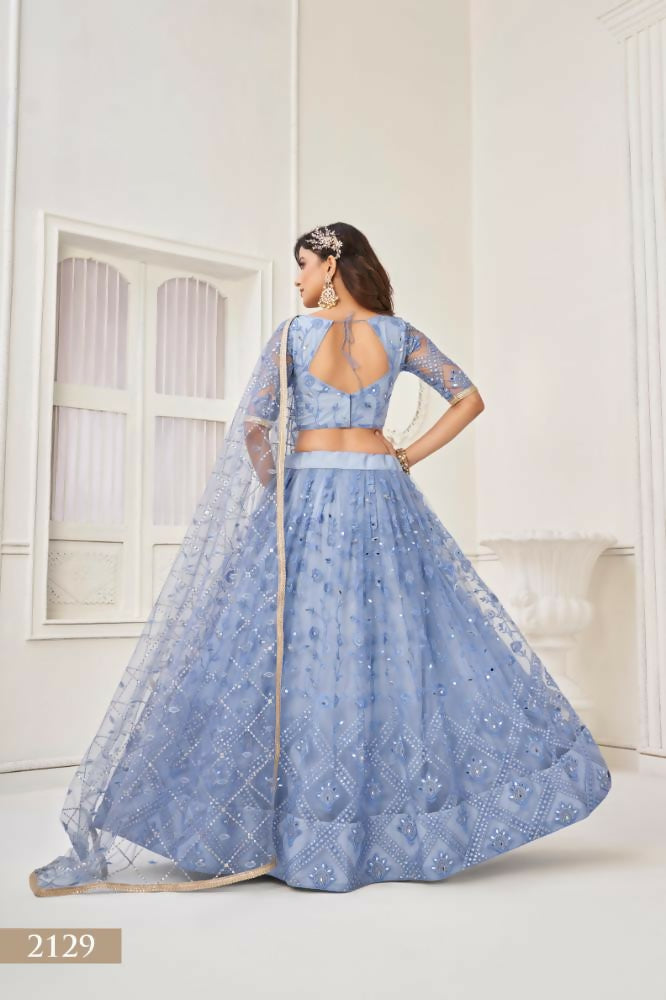Aastha Fashion Neon Blue Butterfly Net Tone To Tone Thread Work, Sequence Work Embroidery With Original Mirror Handwork Wedding Wear Lehenga Choli | Grocsy