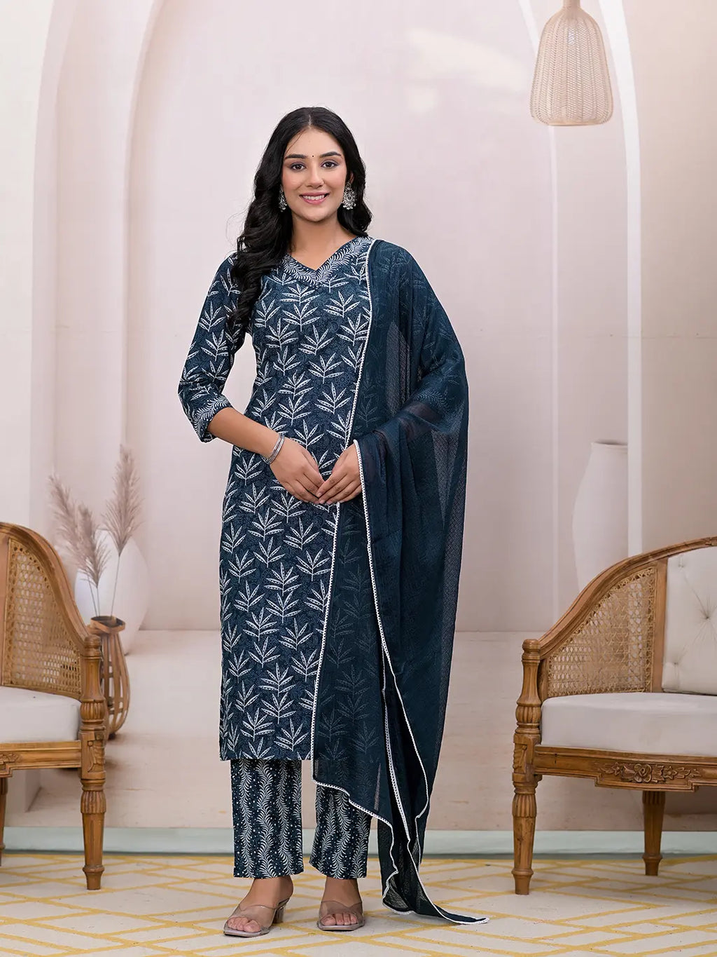 Yufta Teal Blue Embroidered Pure Cotton Straight Kurta Dupatta Set | Grocsy