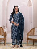 Yufta Teal Blue Embroidered Pure Cotton Straight Kurta Dupatta Set | Grocsy