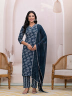 Yufta Teal Blue Embroidered Pure Cotton Straight Kurta Dupatta Set | Grocsy