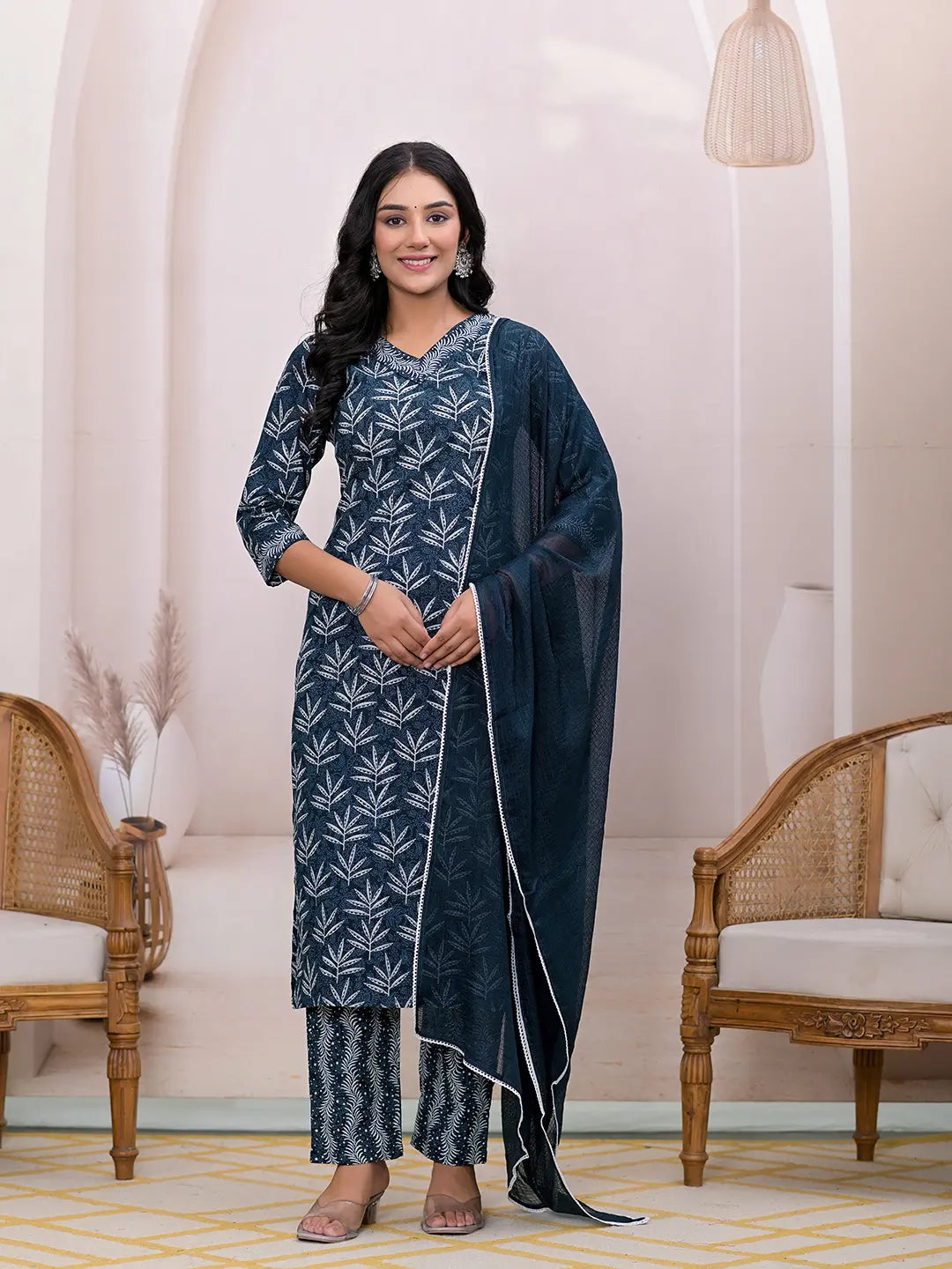 Yufta Teal Blue Embroidered Pure Cotton Straight Kurta Dupatta Set | Grocsy