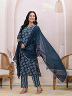Yufta Teal Blue Embroidered Pure Cotton Straight Kurta Dupatta Set | Grocsy