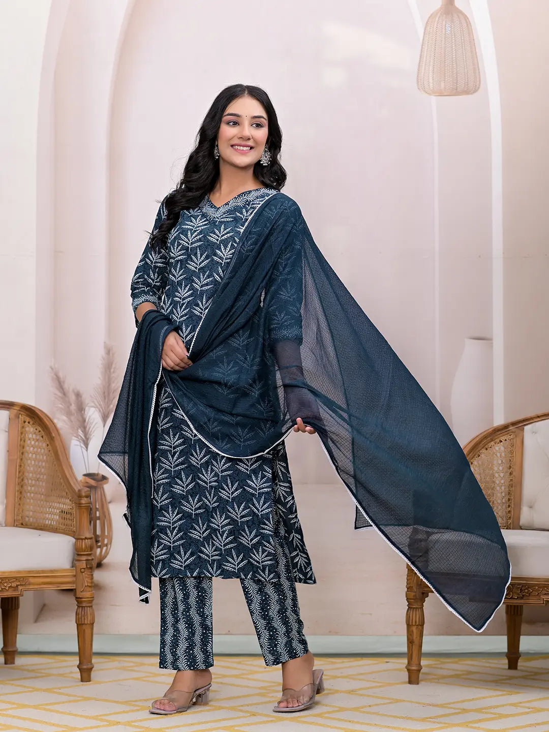 Yufta Teal Blue Embroidered Pure Cotton Straight Kurta Dupatta Set | Grocsy