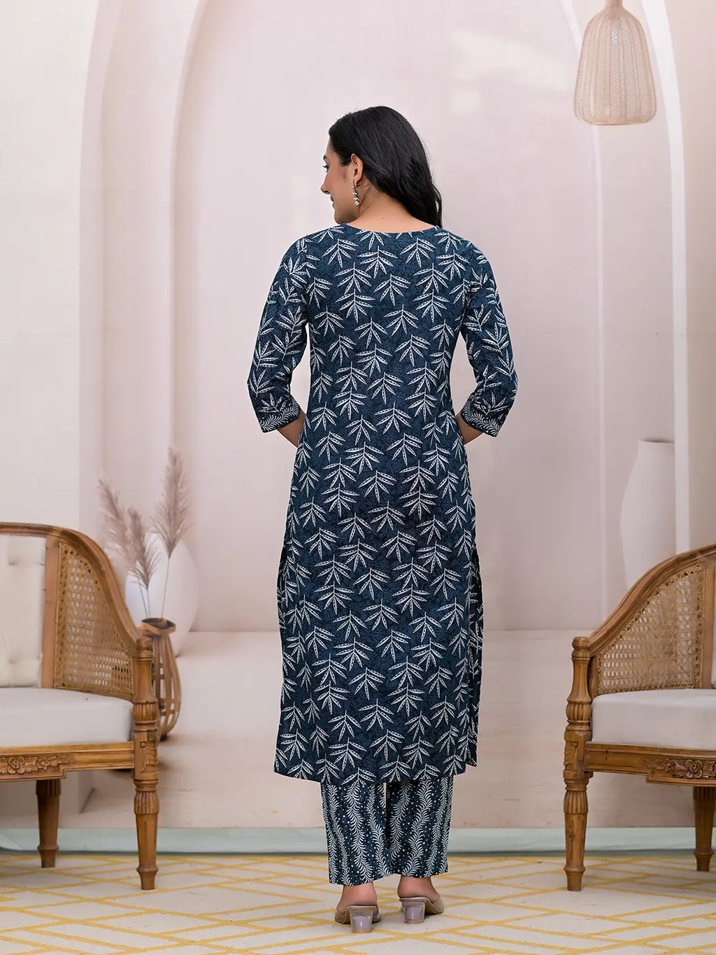 Yufta Teal Blue Embroidered Pure Cotton Straight Kurta Dupatta Set | Grocsy