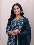 Yufta Teal Blue Embroidered Pure Cotton Straight Kurta Dupatta Set | Grocsy