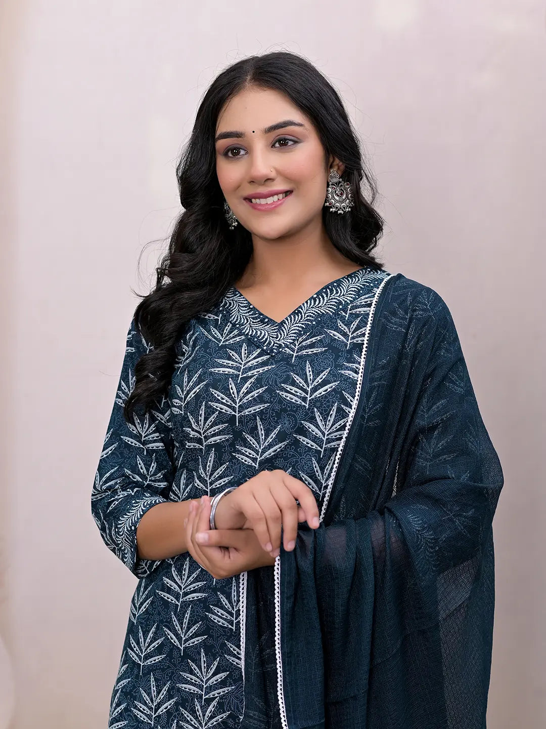 Yufta Teal Blue Embroidered Pure Cotton Straight Kurta Dupatta Set | Grocsy