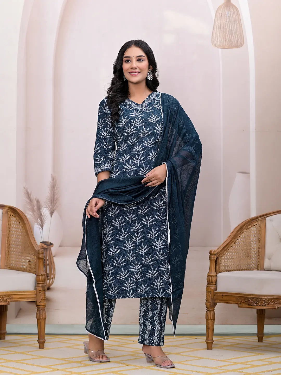Yufta Teal Blue Embroidered Pure Cotton Straight Kurta Dupatta Set | Grocsy