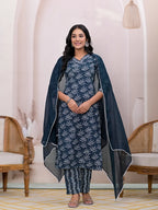 Yufta Teal Blue Embroidered Pure Cotton Straight Kurta Dupatta Set | Grocsy