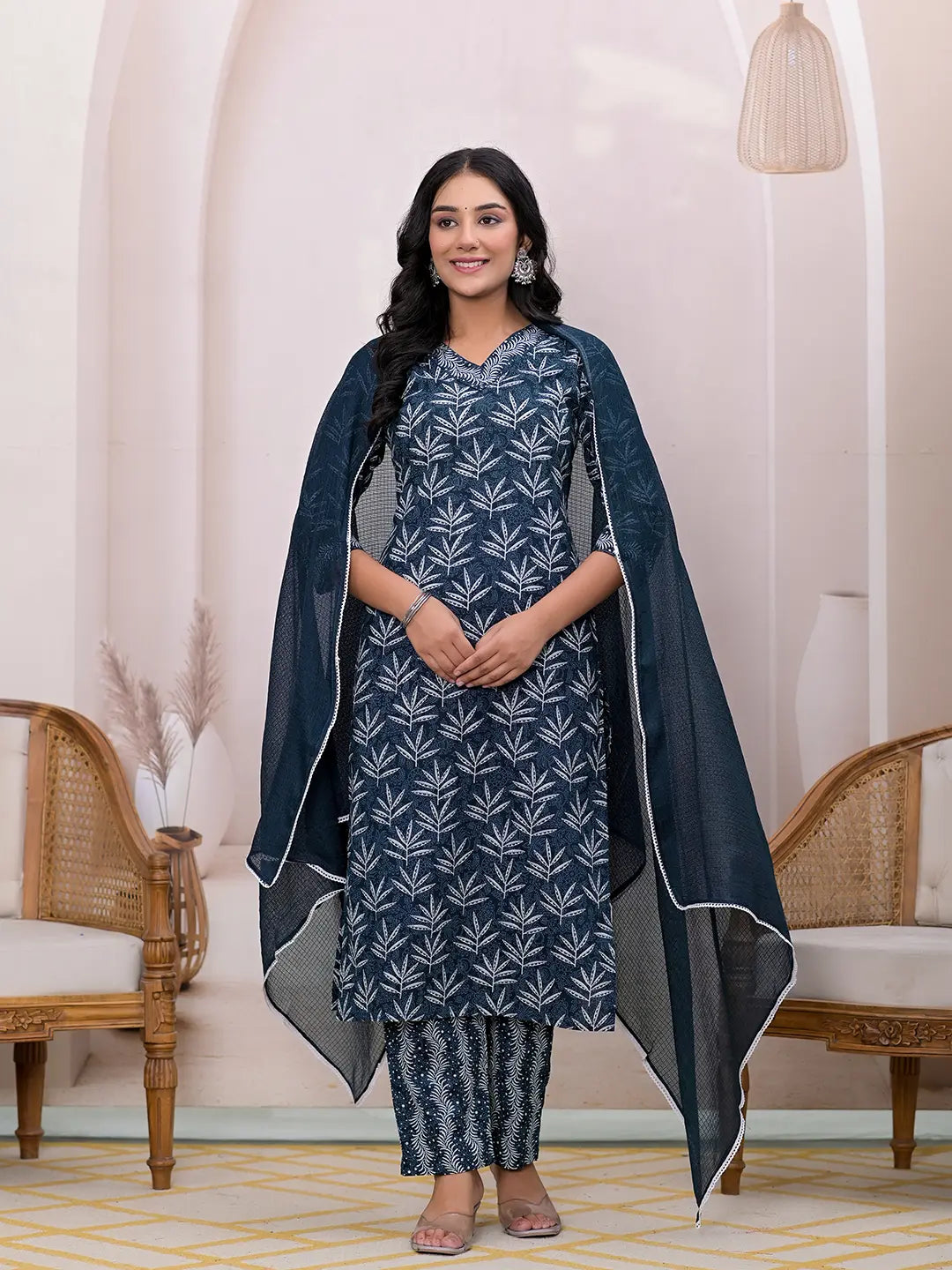 Yufta Teal Blue Embroidered Pure Cotton Straight Kurta Dupatta Set | Grocsy