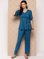 Yufta Teal Blue Solid Pure Cotton Top with Trousers Co-Ords | Grocsy