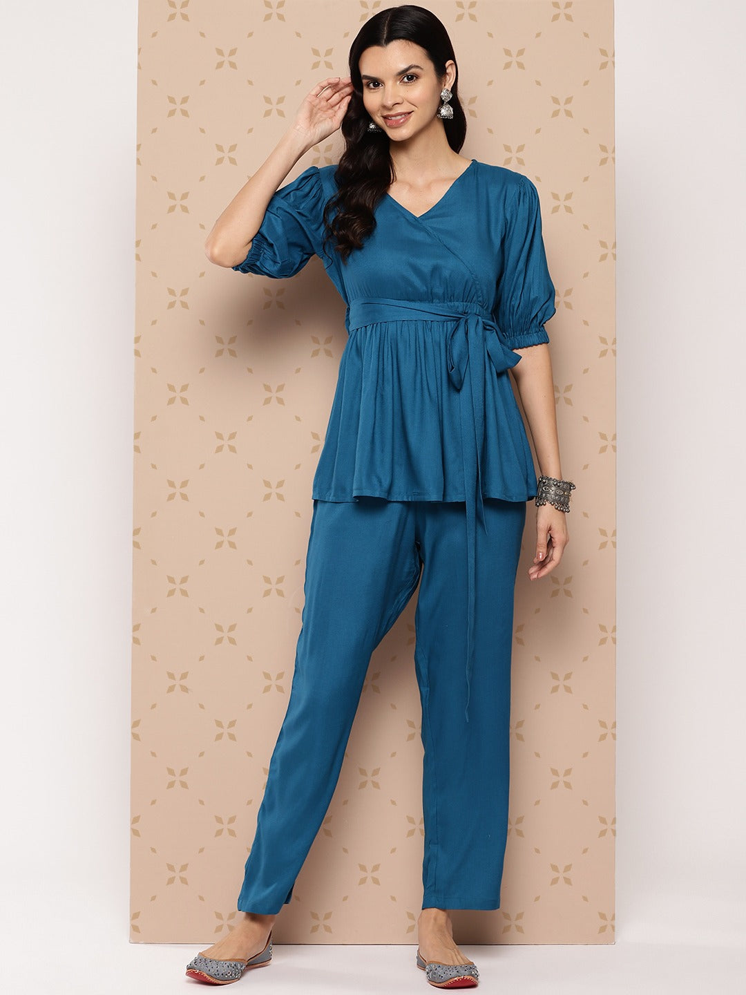 Yufta Teal Blue Solid Pure Cotton Top with Trousers Co-Ords | Grocsy