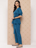 Yufta Teal Blue Solid Pure Cotton Top with Trousers Co-Ords | Grocsy