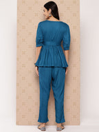 Yufta Teal Blue Solid Pure Cotton Top with Trousers Co-Ords | Grocsy