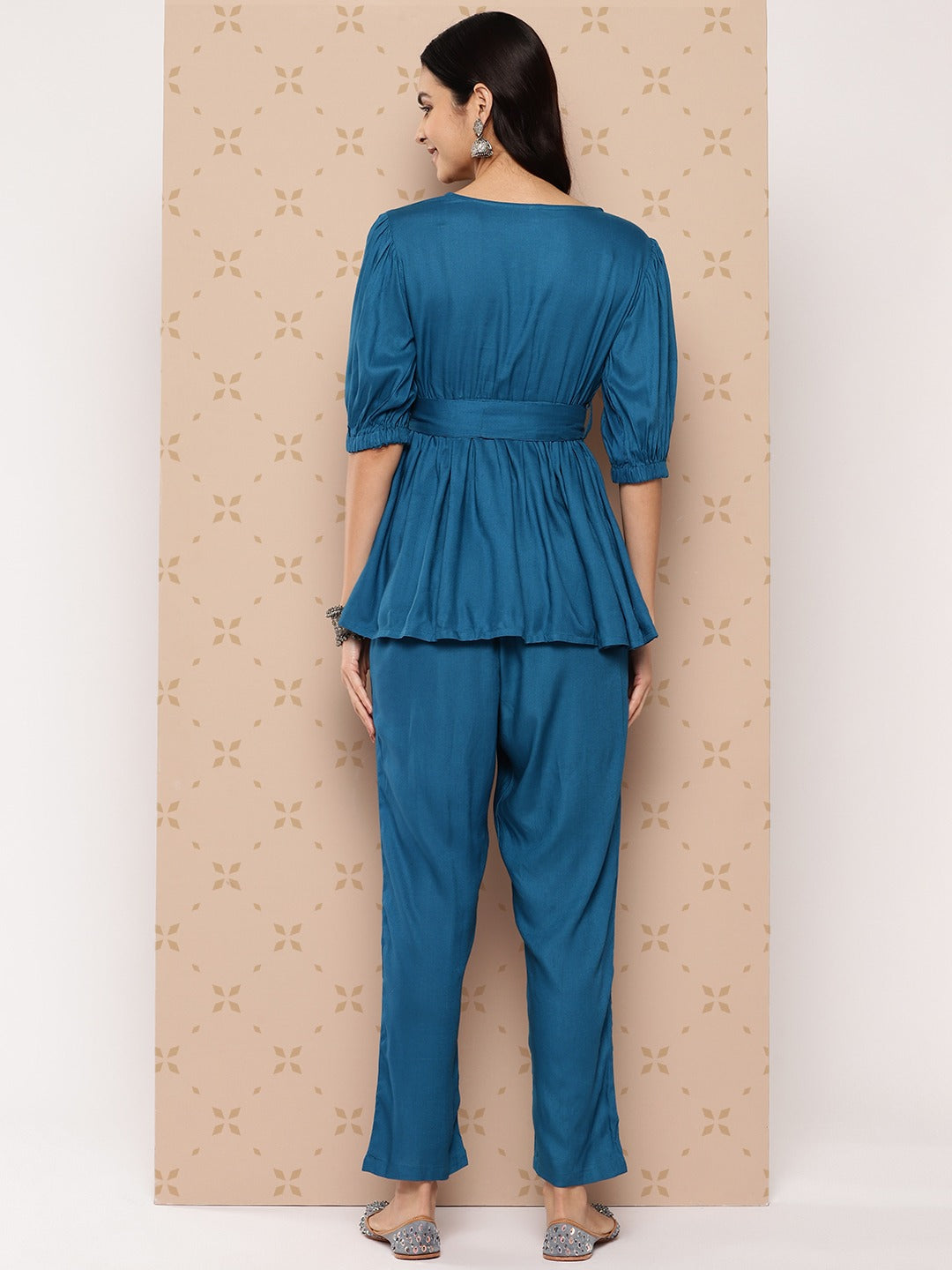 Yufta Teal Blue Solid Pure Cotton Top with Trousers Co-Ords | Grocsy