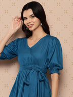 Yufta Teal Blue Solid Pure Cotton Top with Trousers Co-Ords | Grocsy