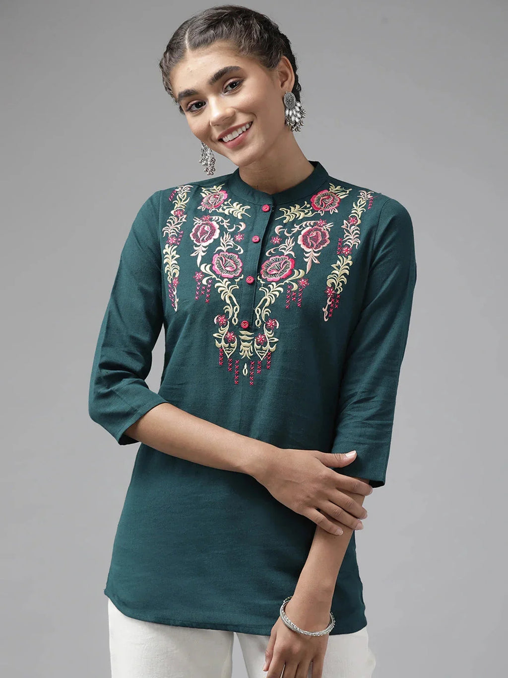 Yufta Teal Floral Embroidered Top | Grocsy