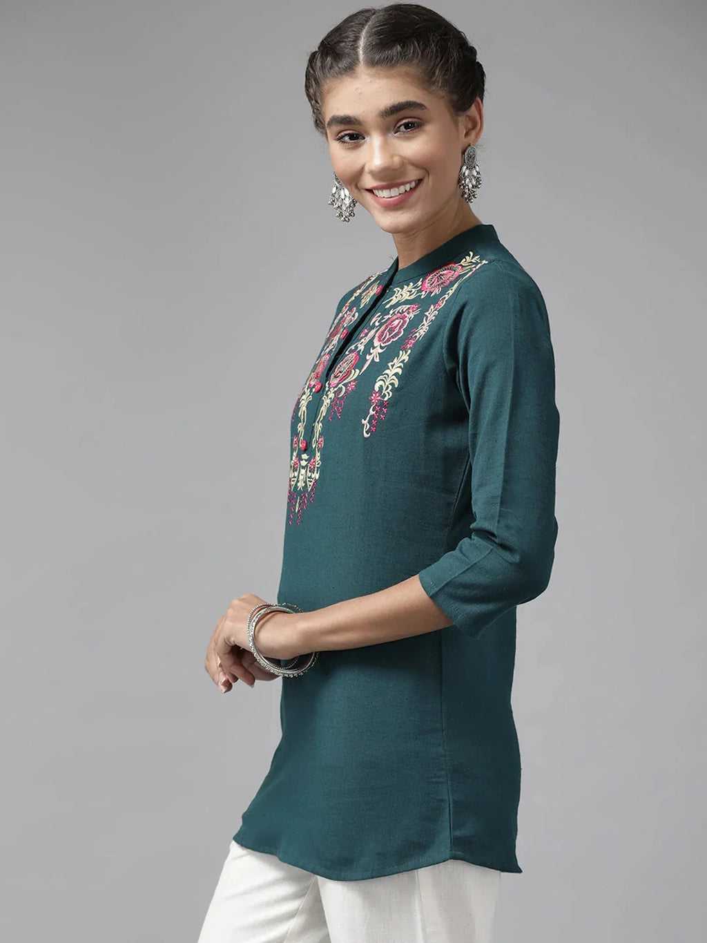 Yufta Teal Floral Embroidered Top | Grocsy