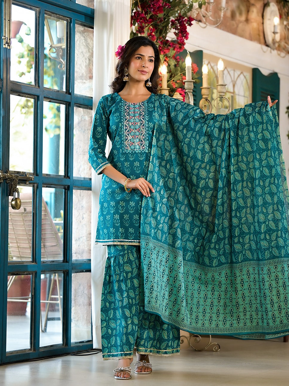 Yufta Teal Floral,Sequins_Work Kurta Sharara with Dupatta Set | Grocsy