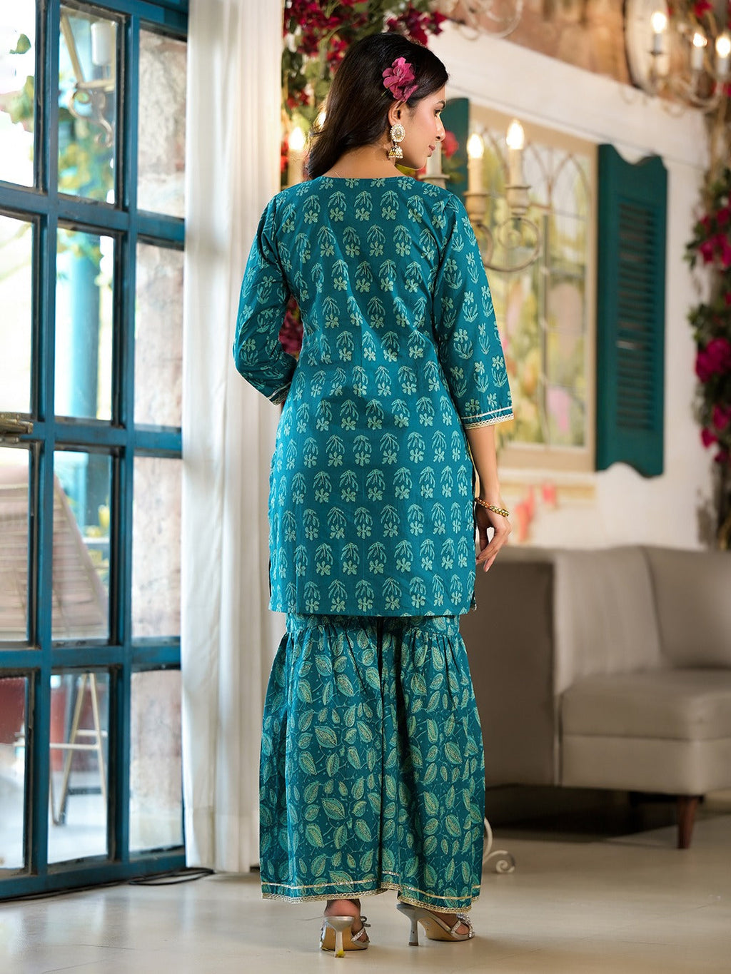 Yufta Teal Floral,Sequins_Work Kurta Sharara with Dupatta Set | Grocsy