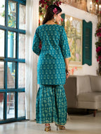 Yufta Teal Floral,Sequins_Work Kurta Sharara with Dupatta Set | Grocsy