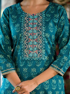 Yufta Teal Floral,Sequins_Work Kurta Sharara with Dupatta Set | Grocsy