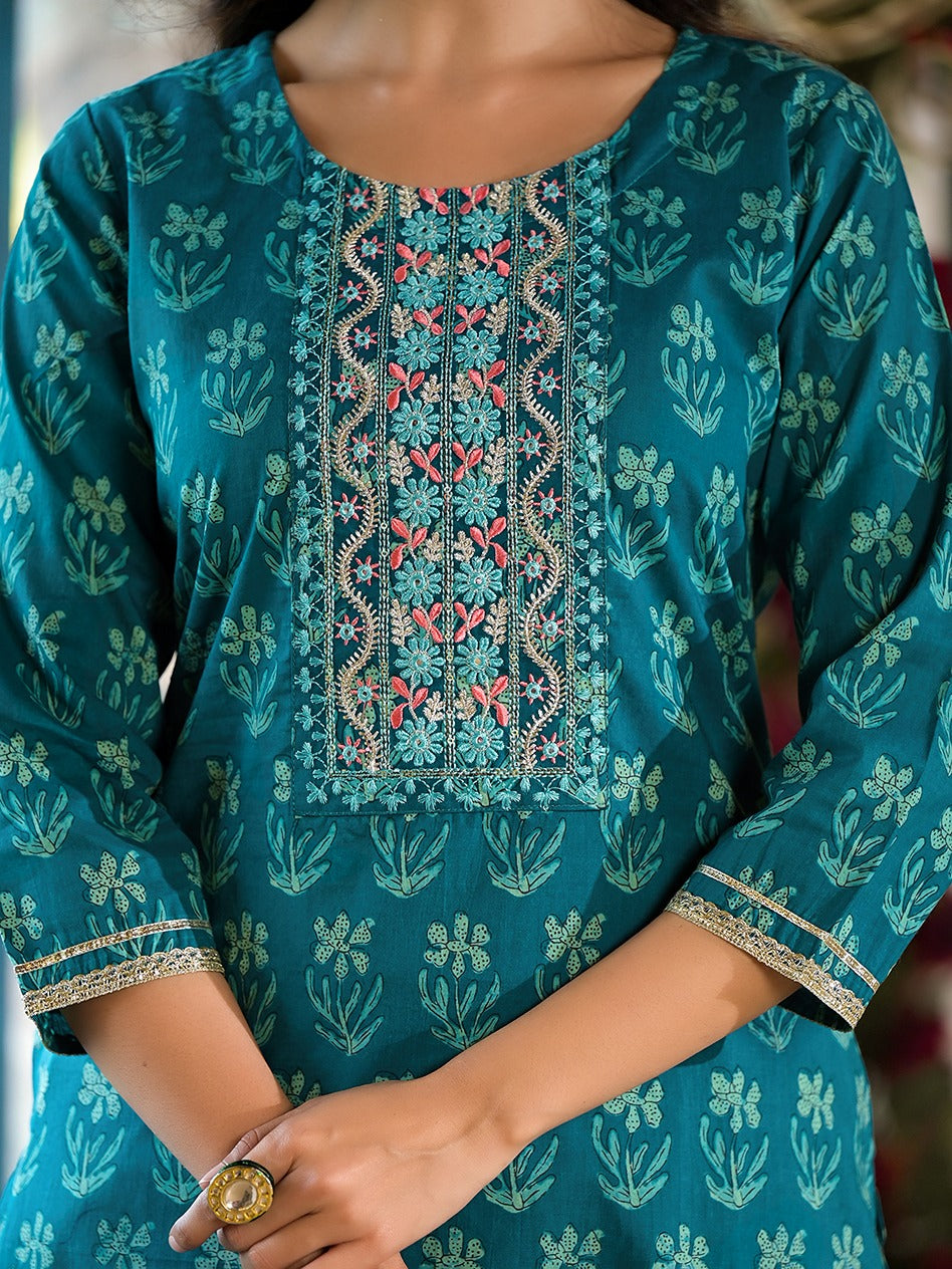 Yufta Teal Floral,Sequins_Work Kurta Sharara with Dupatta Set | Grocsy