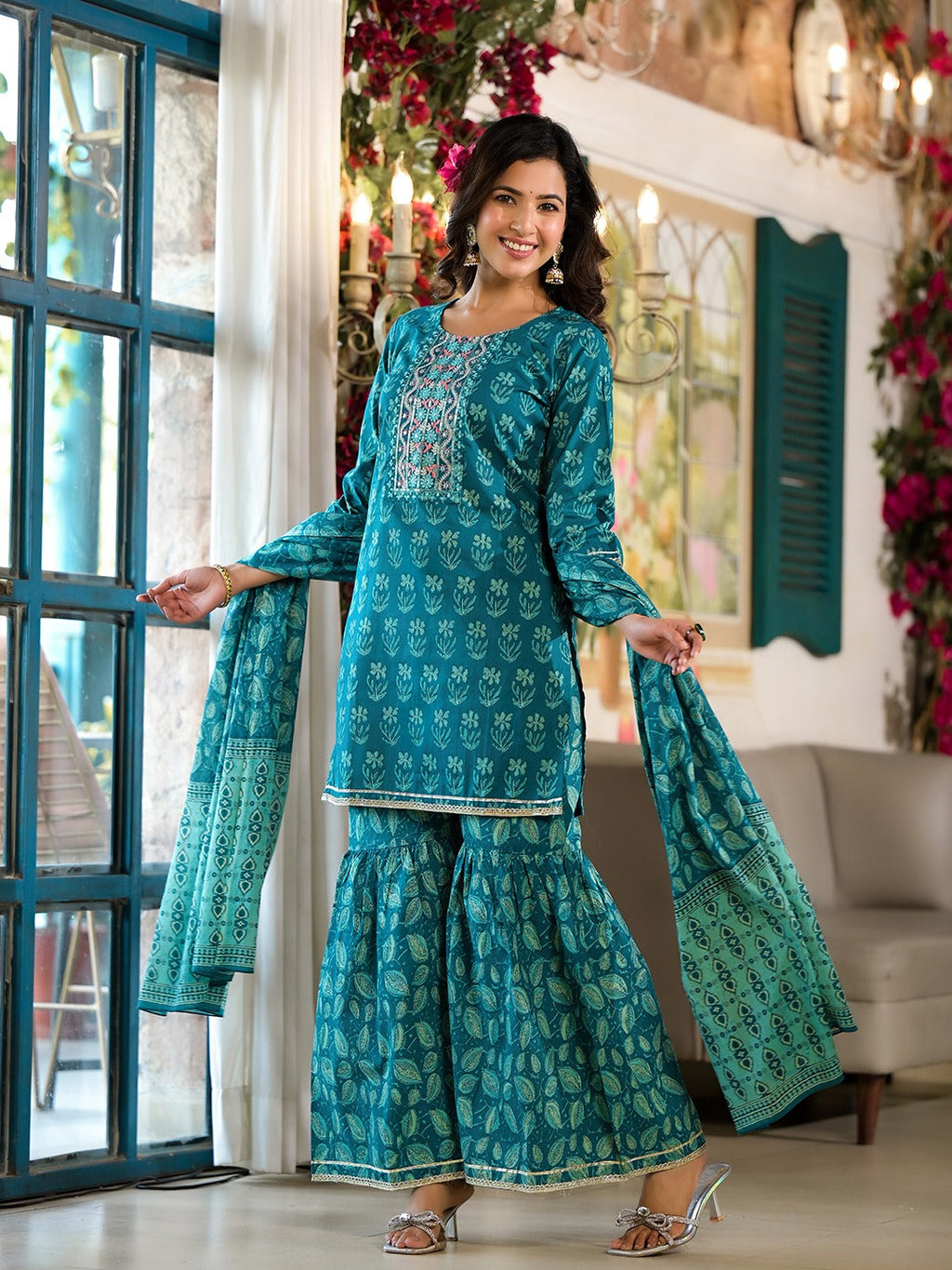 Yufta Teal Floral,Sequins_Work Kurta Sharara with Dupatta Set | Grocsy
