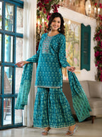 Yufta Teal Floral,Sequins_Work Kurta Sharara with Dupatta Set | Grocsy
