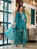 Yufta Teal Floral,Sequins_Work Kurta Sharara with Dupatta Set | Grocsy