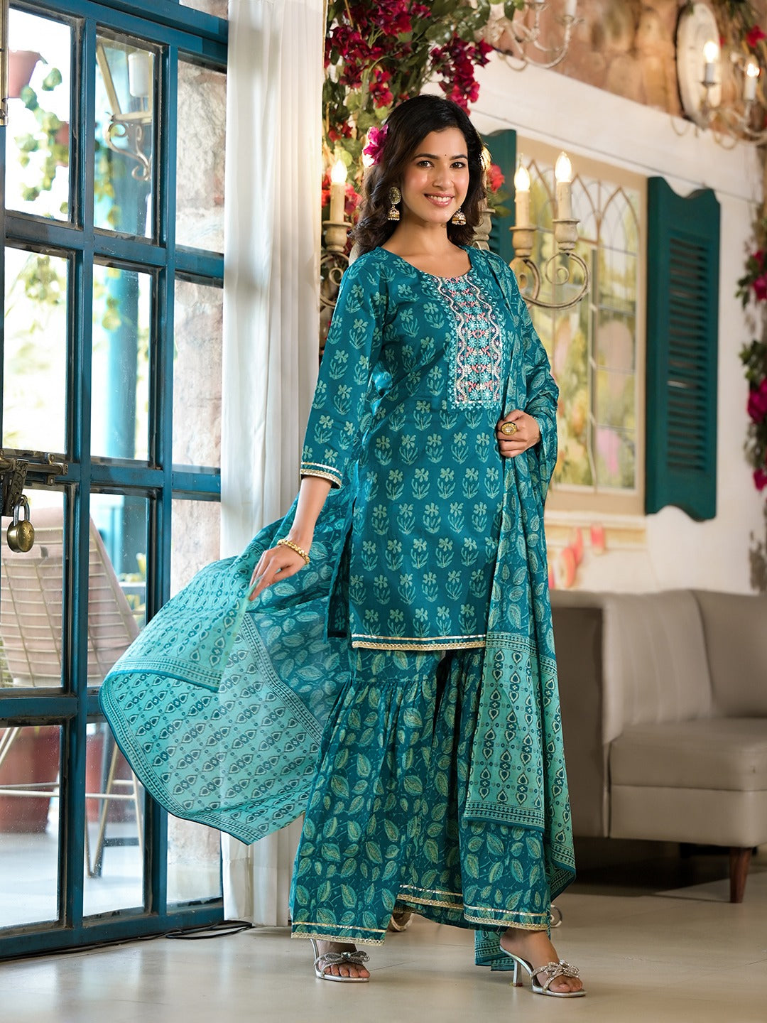 Yufta Teal Floral,Sequins_Work Kurta Sharara with Dupatta Set | Grocsy