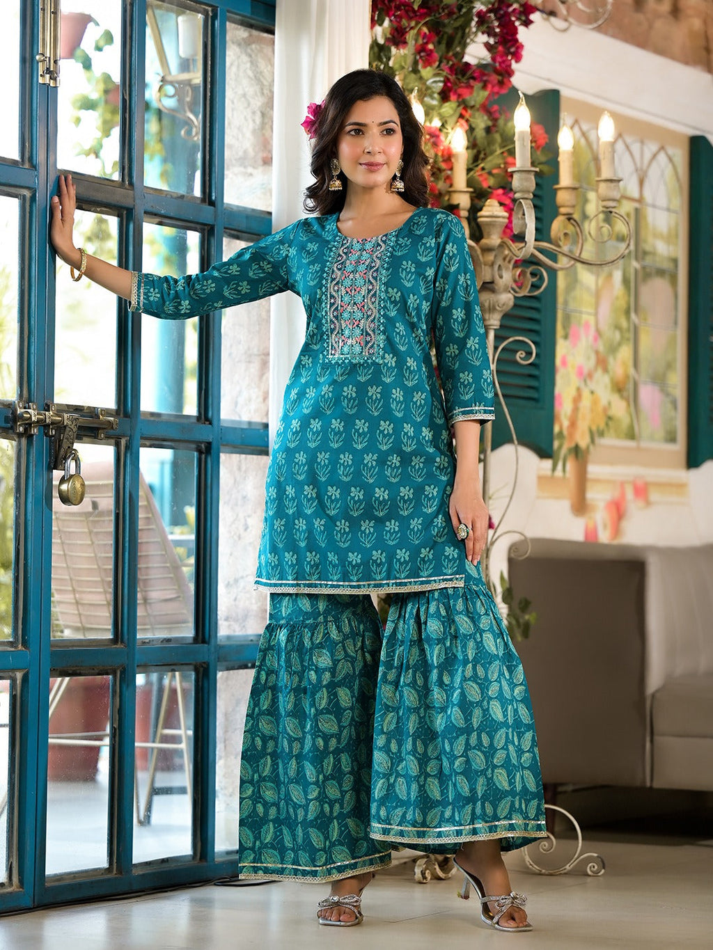 Yufta Teal Floral,Sequins_Work Kurta Sharara with Dupatta Set | Grocsy