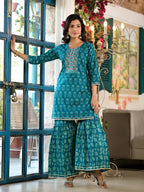 Yufta Teal Floral,Sequins_Work Kurta Sharara with Dupatta Set | Grocsy