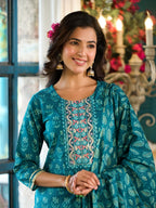 Yufta Teal Floral,Sequins_Work Kurta Sharara with Dupatta Set | Grocsy