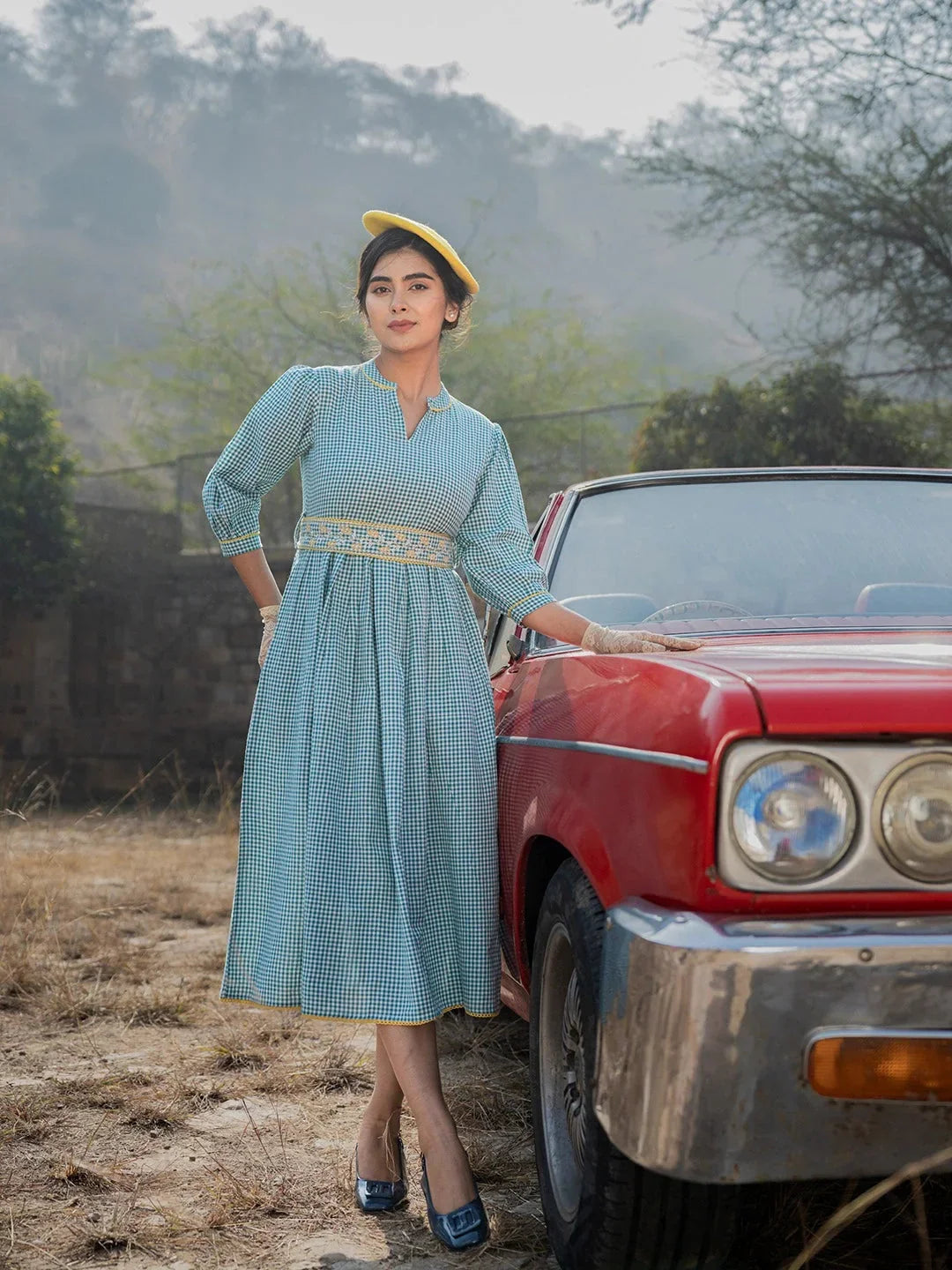 Yufta Teal Green Cotton Check Comes With A Belt Dress | Grocsy