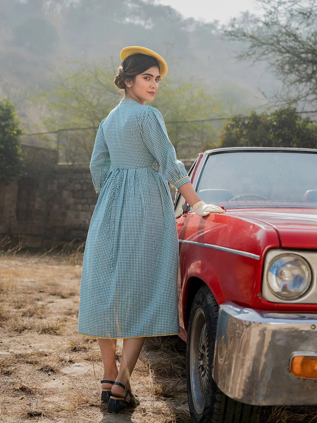 Yufta Teal Green Cotton Check Comes With A Belt Dress | Grocsy