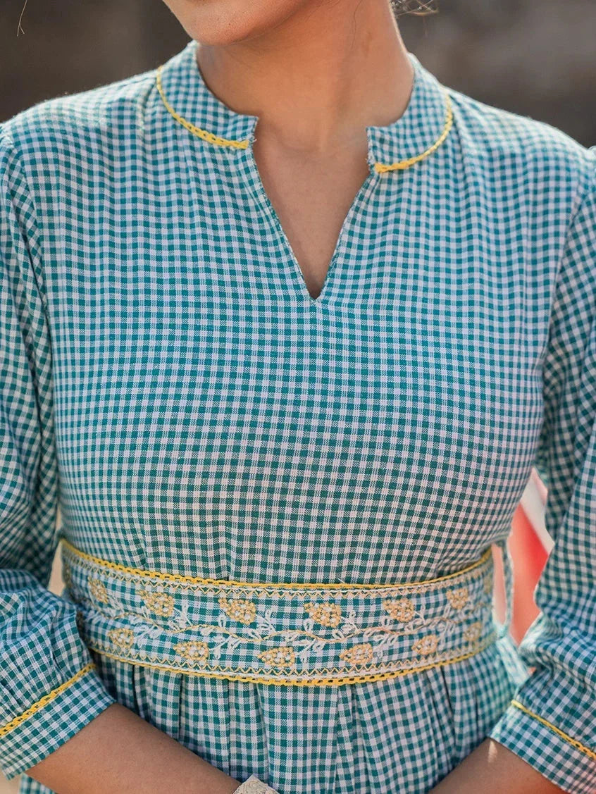 Yufta Teal Green Cotton Check Comes With A Belt Dress | Grocsy