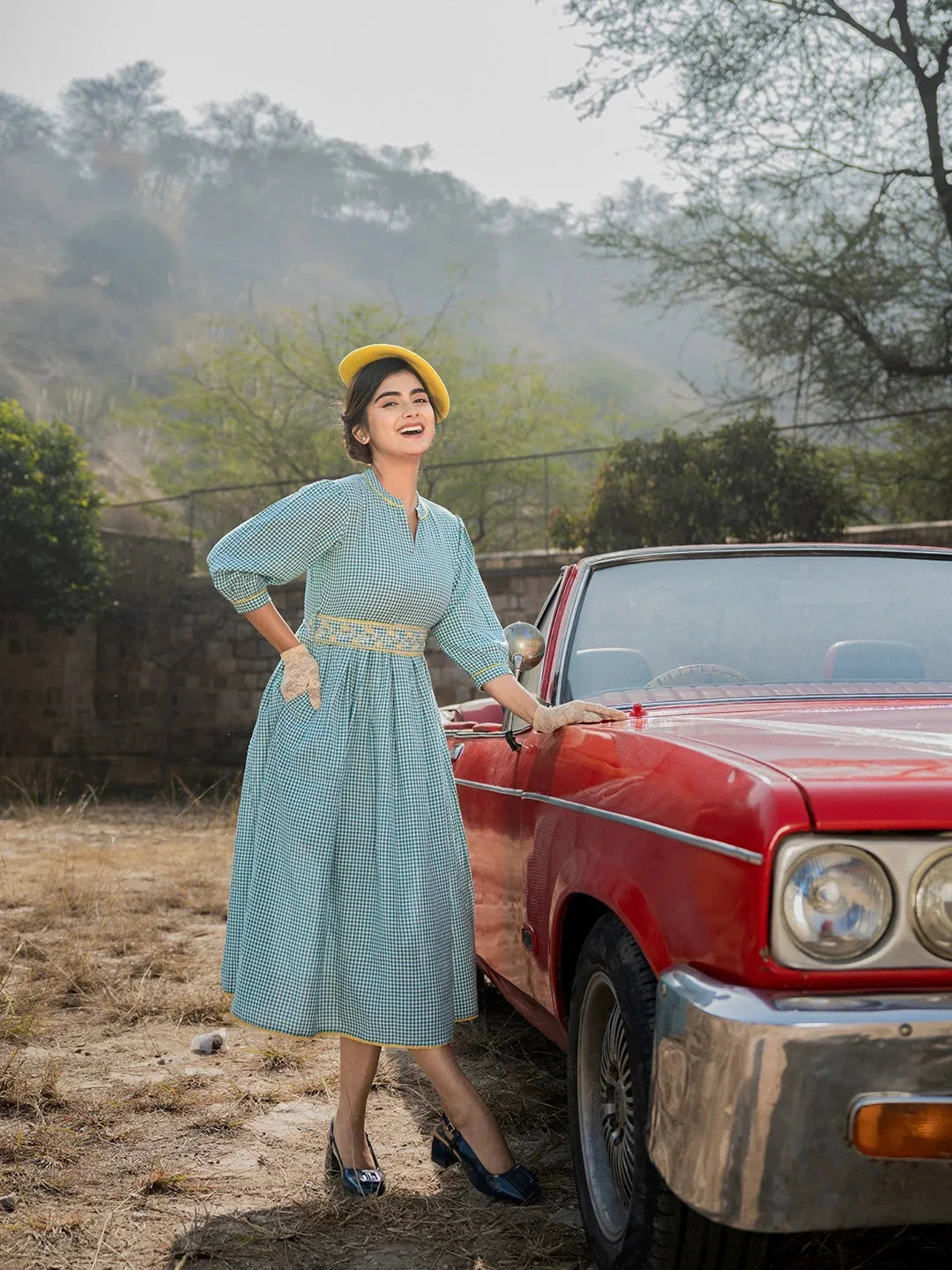 Yufta Teal Green Cotton Check Comes With A Belt Dress | Grocsy