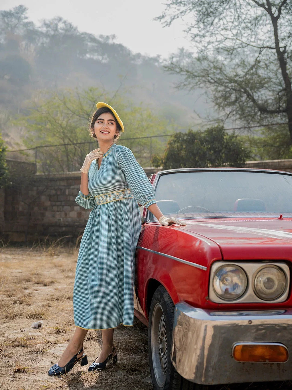 Yufta Teal Green Cotton Check Comes With A Belt Dress | Grocsy