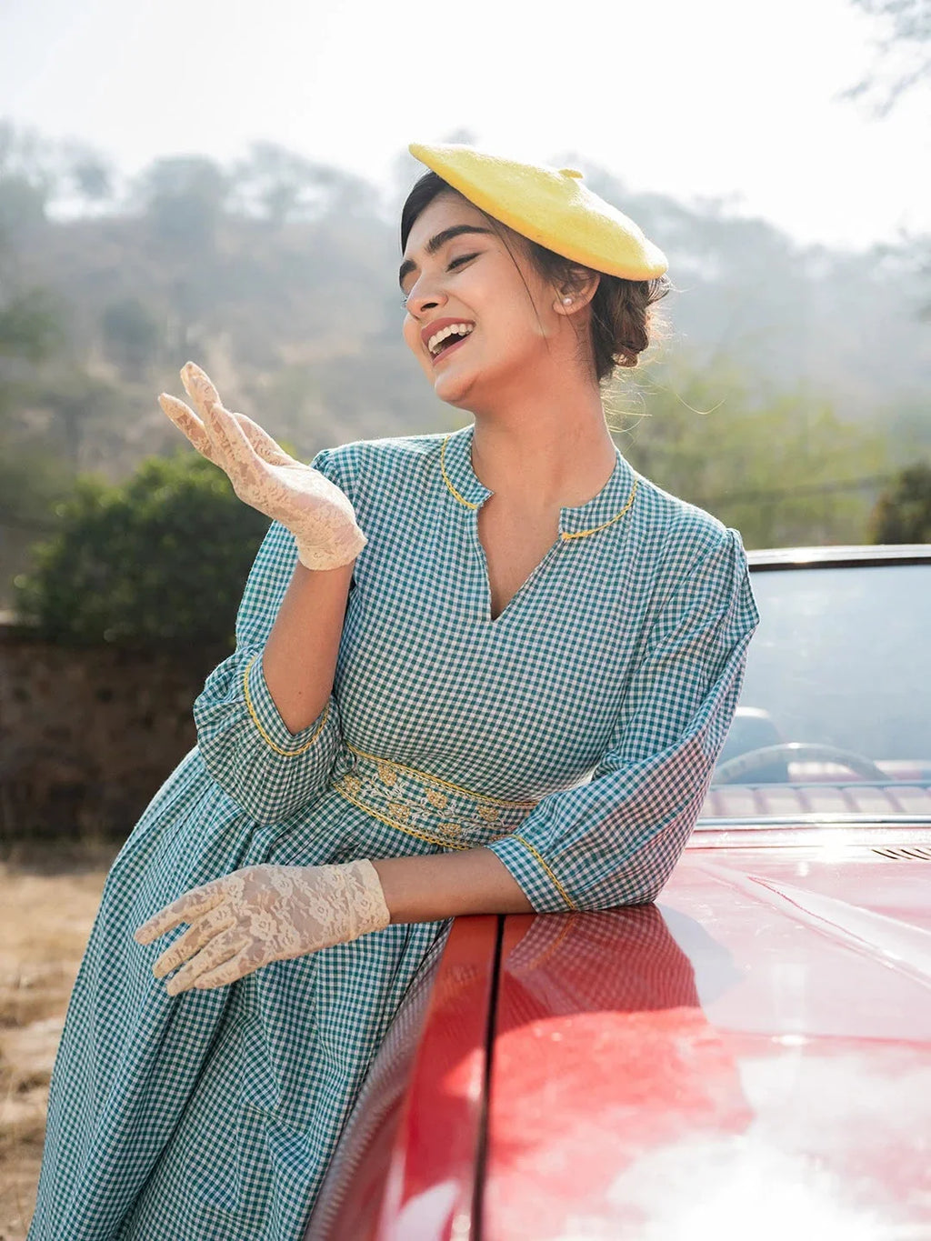 Yufta Teal Green Cotton Check Comes With A Belt Dress | Grocsy