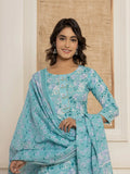 Yufta Teal Green Floral Print Cotton Straight Style Kurta And Trousers With Dupatta Set | Grocsy