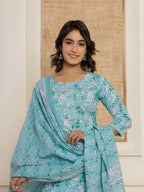 Yufta Teal Green Floral Print Cotton Straight Style Kurta And Trousers With Dupatta Set | Grocsy