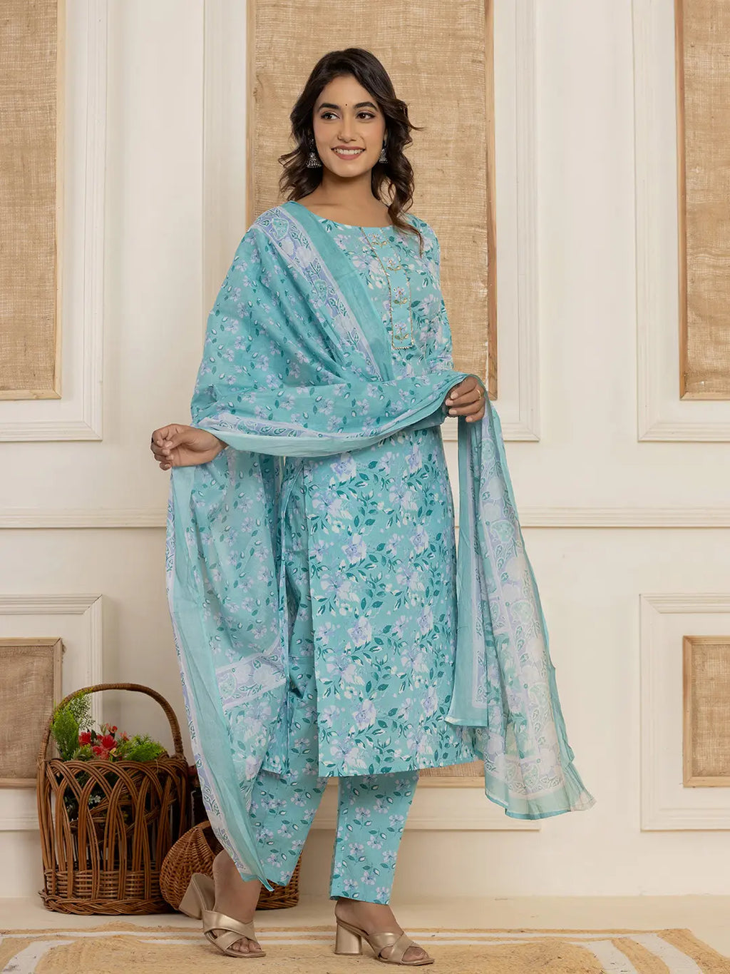 Yufta Teal Green Floral Print Cotton Straight Style Kurta And Trousers With Dupatta Set | Grocsy