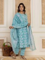 Yufta Teal Green Floral Print Cotton Straight Style Kurta And Trousers With Dupatta Set | Grocsy