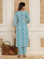 Yufta Teal Green Floral Print Cotton Straight Style Kurta And Trousers With Dupatta Set | Grocsy