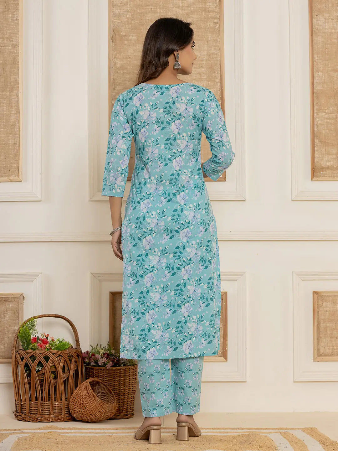 Yufta Teal Green Floral Print Cotton Straight Style Kurta And Trousers With Dupatta Set | Grocsy