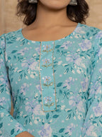 Yufta Teal Green Floral Print Cotton Straight Style Kurta And Trousers With Dupatta Set | Grocsy