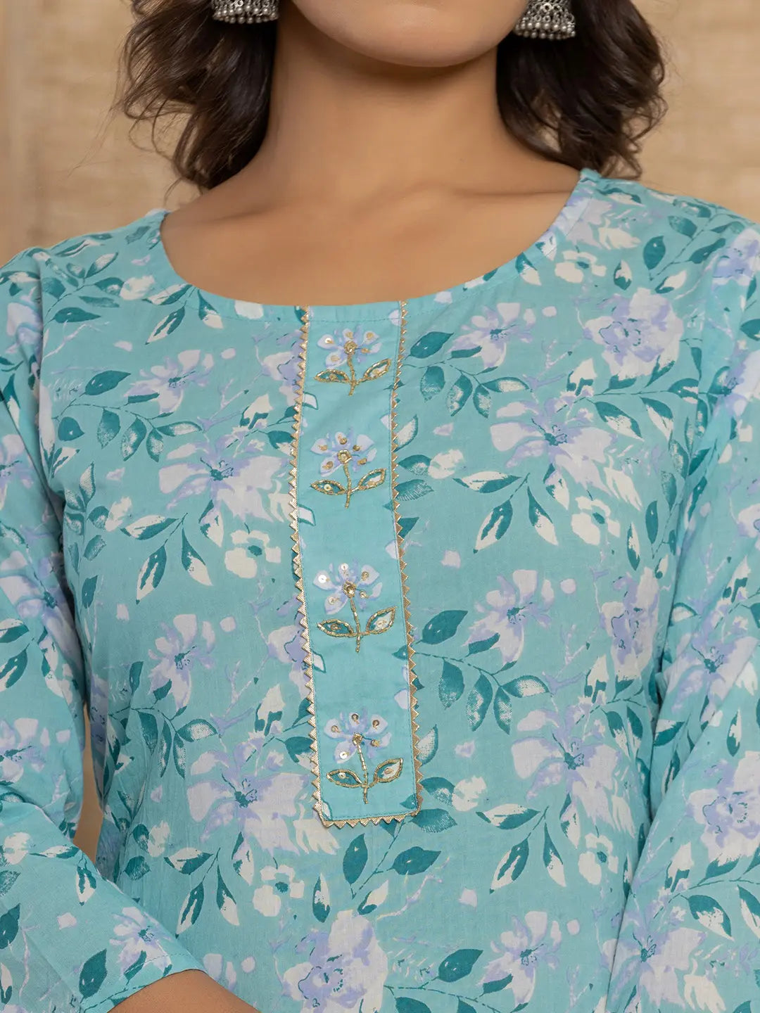 Yufta Teal Green Floral Print Cotton Straight Style Kurta And Trousers With Dupatta Set | Grocsy