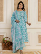 Yufta Teal Green Floral Print Cotton Straight Style Kurta And Trousers With Dupatta Set | Grocsy