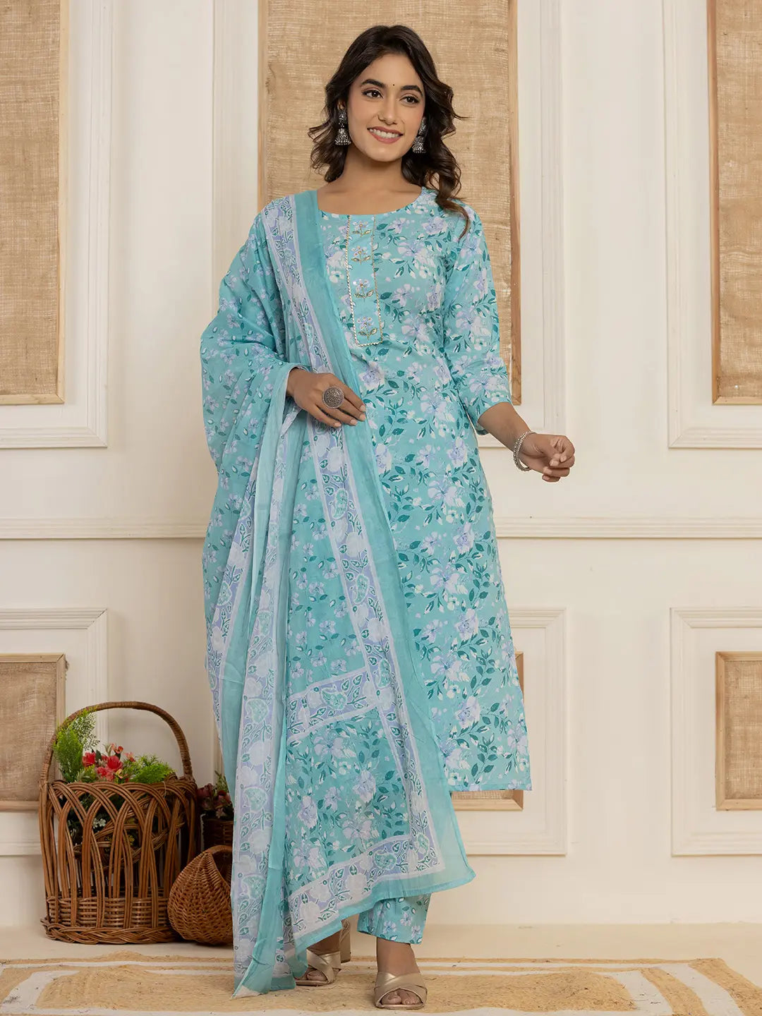 Yufta Teal Green Floral Print Cotton Straight Style Kurta And Trousers With Dupatta Set | Grocsy